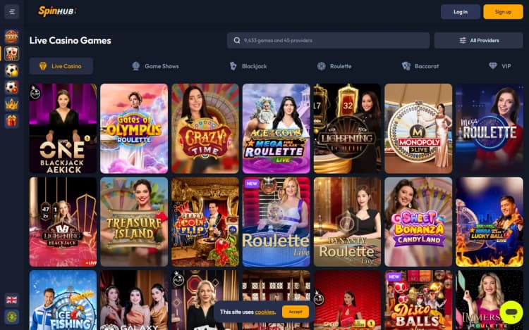 Spinhub live casino lobby