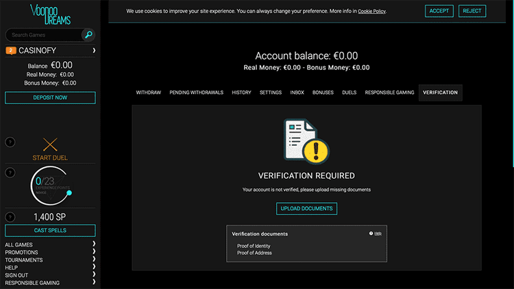 Voodoo Casino account balance