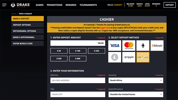 drake casino cashier