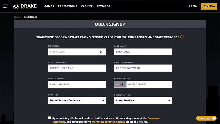 drake casino quick signup
