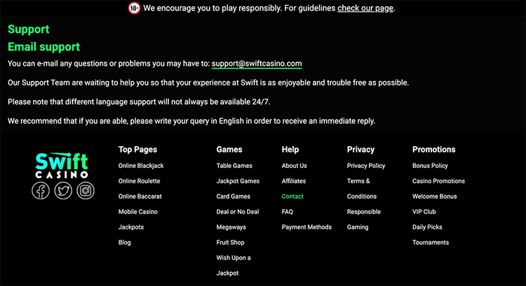 swift casino support