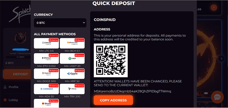 Spinch Casino Bonus quick deposit