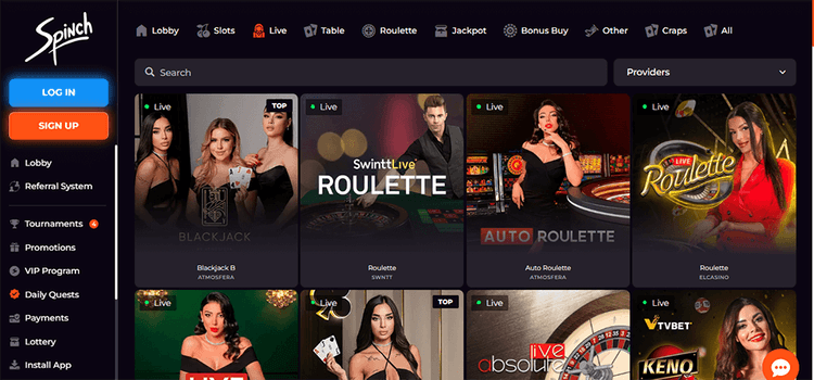Spinch Casino Live Casino Overview+