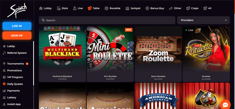 Spinch Casino Popular Table Games