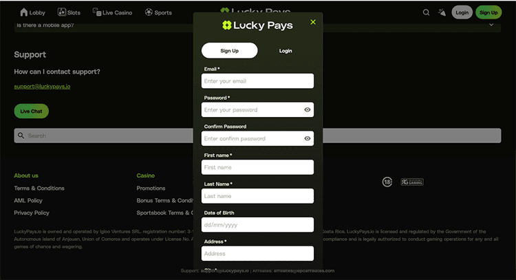 luckypays signup