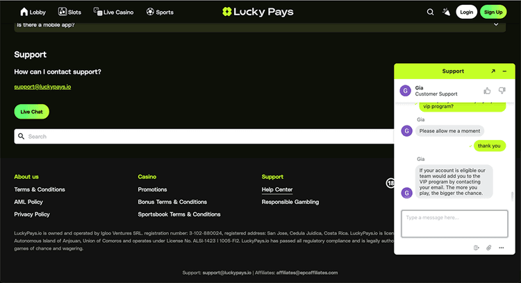 luckypays support