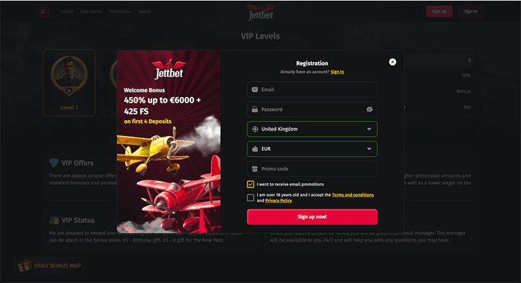 JettBet Casino registration
