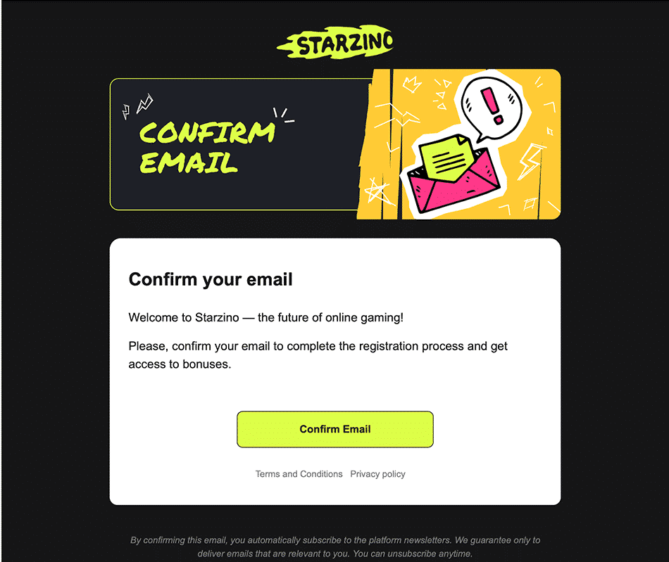 starzino casino confirm emial