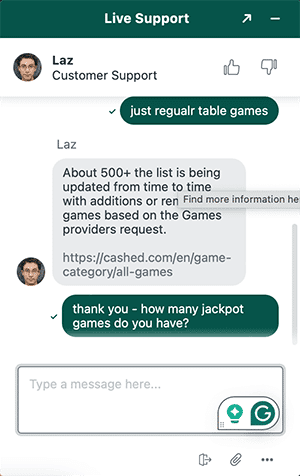Cashed Casino chatsupport