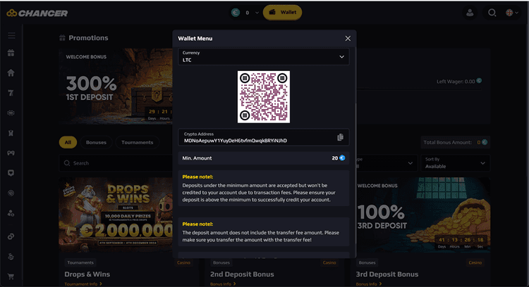 Chancer bet wallet menu