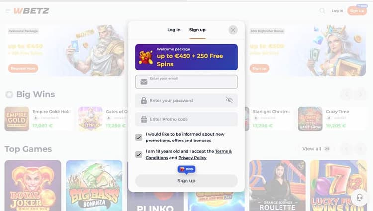 Wbetz Casino signup