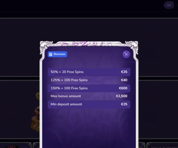 Gamblerina first deposit bonus tiers: 50%, 125% and 150%