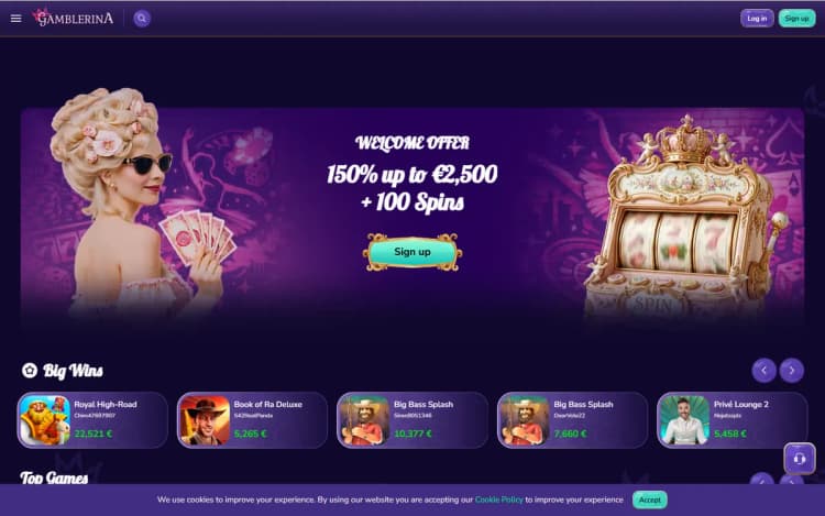 Gamblerina casino homepage with the welcome offer