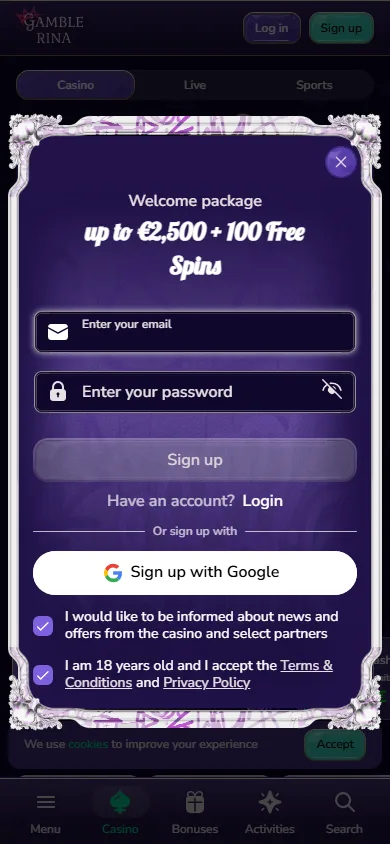 Gamblerina sign-up screen on a mobile phone