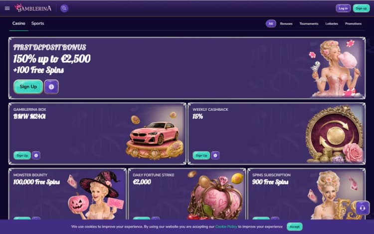 Gamblerina promotions page with the first deposit bonus