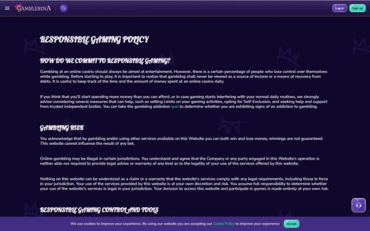 Gamblerina responsible gaming page