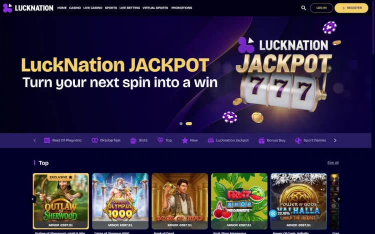 LuckNation homepage with the LuckNation Jackpot banner