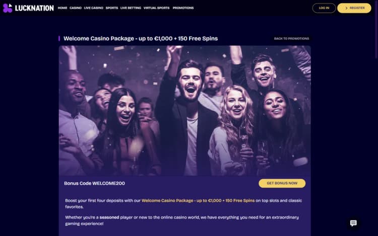 LuckNation welcome casino package page
