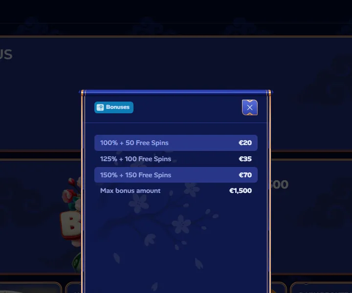 Manekispin first deposit bonus tiers: 100%, 125% and 150%