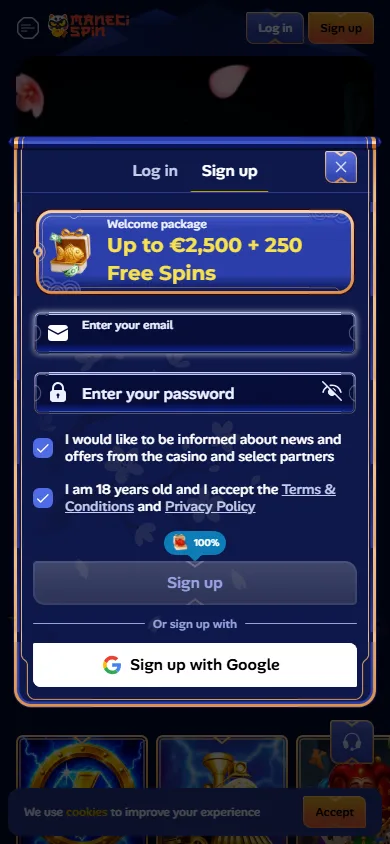 Manekispin sign-up screen on a mobile phone