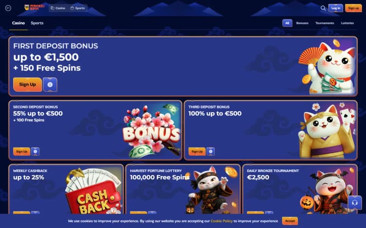 Manekispin promotions page with the three welcome deposit bonuses