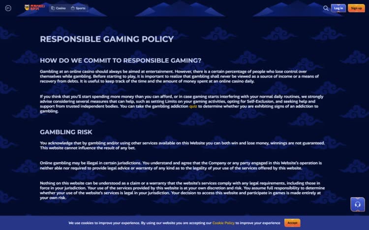 Manekispin responsible gaming page