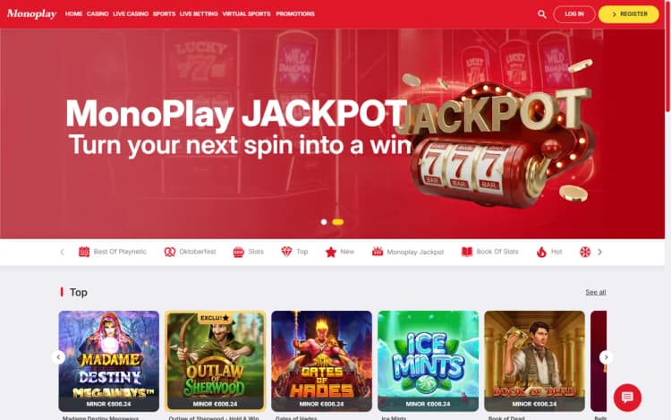 Monoplay homepage with the Monoplay Jackpot banner