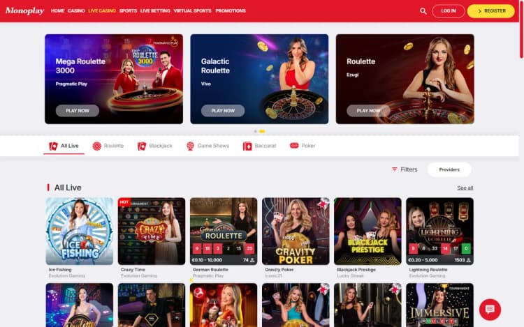 Monoplay live casino lobby