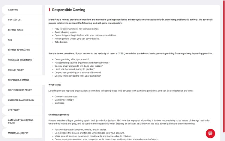 Monoplay responsible gaming page