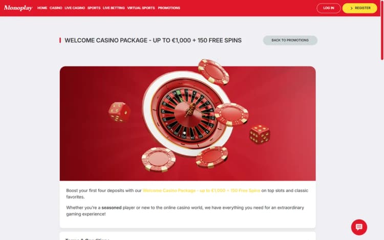 Monoplay welcome casino package page