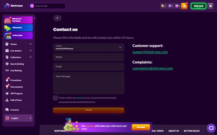 SlotRave contact page with support and complaints e-mail