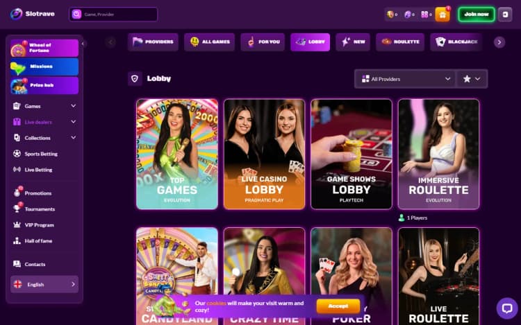 SlotRave live casino lobby