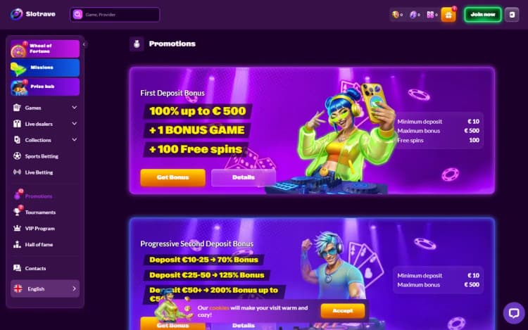 SlotRave promotions page showing the four welcome deposit bonuses