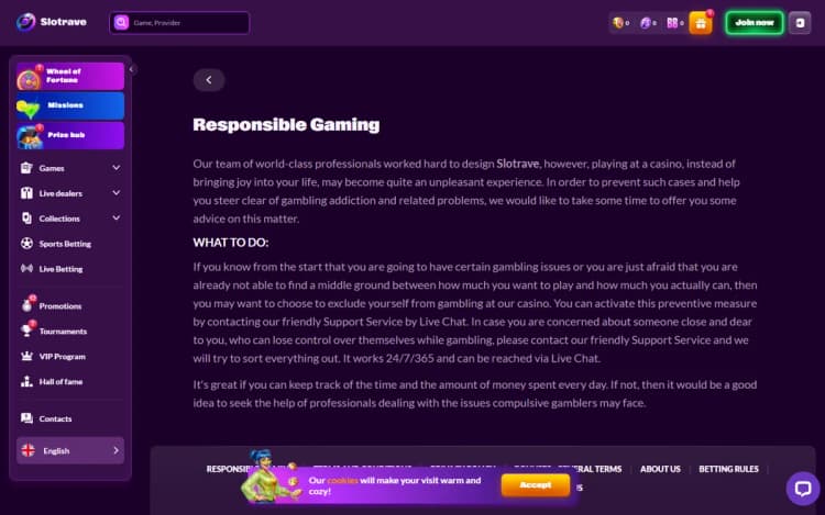 SlotRave responsible gaming page