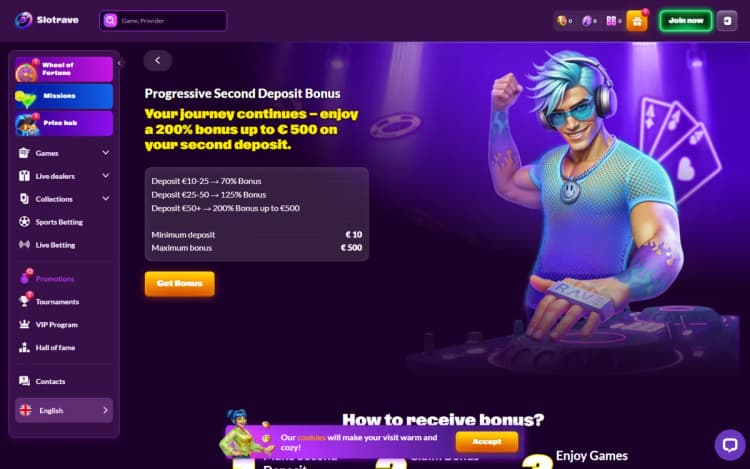 SlotRave progressive second deposit bonus terms