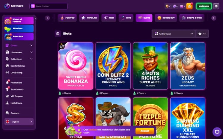 SlotRave slots lobby with game collections