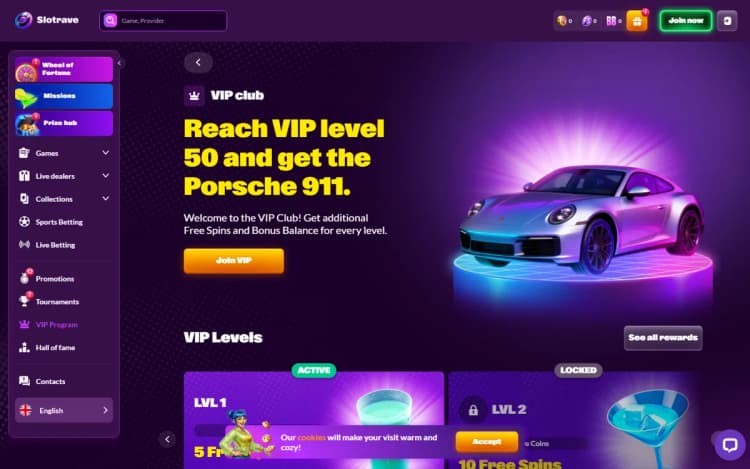 SlotRave VIP program page with Rave Coins levels