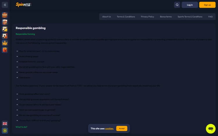 Spinhub responsible gambling page