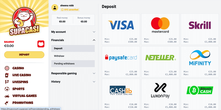 Supacasi Casino player account