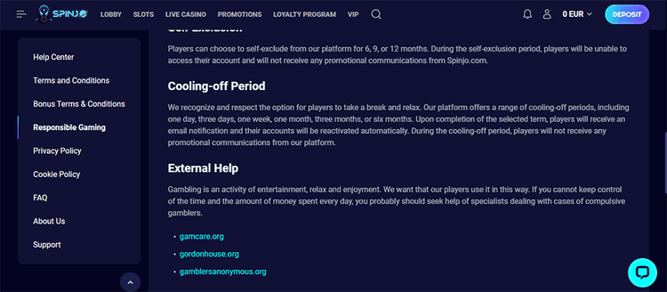Spinjo Casino Responsible Gambling