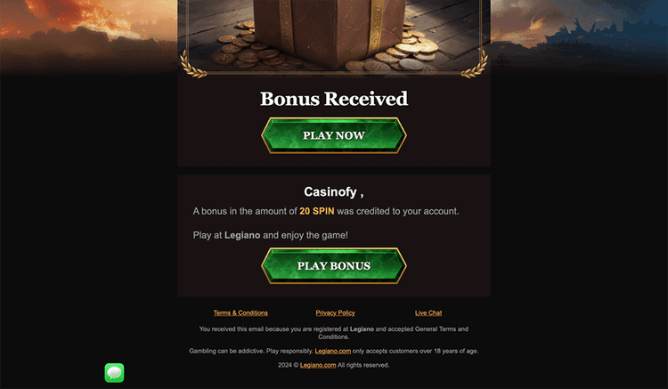 Legiano Casino bonus received