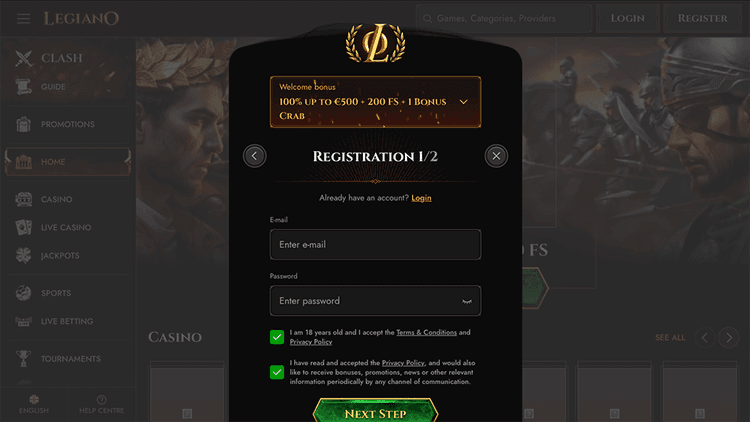 Legiano Casino registration