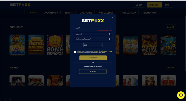 betfoxx Create a player account